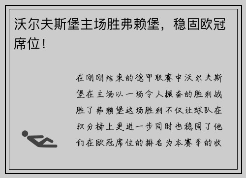 沃尔夫斯堡主场胜弗赖堡，稳固欧冠席位！